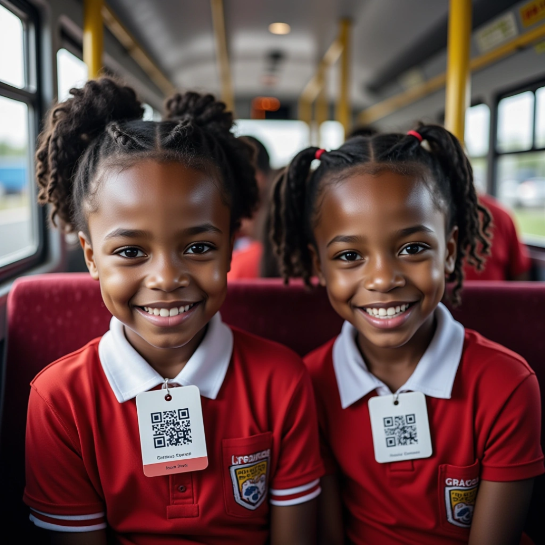 Children wearing scan badges inside transit bus